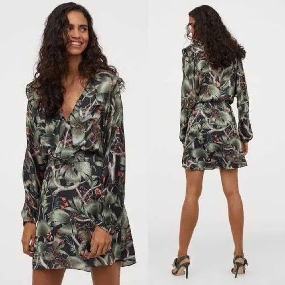 JOHANNA ORTIZ X H&M Tropical Print Ruffle Mini Dress size XL Flounce Long Sleeve